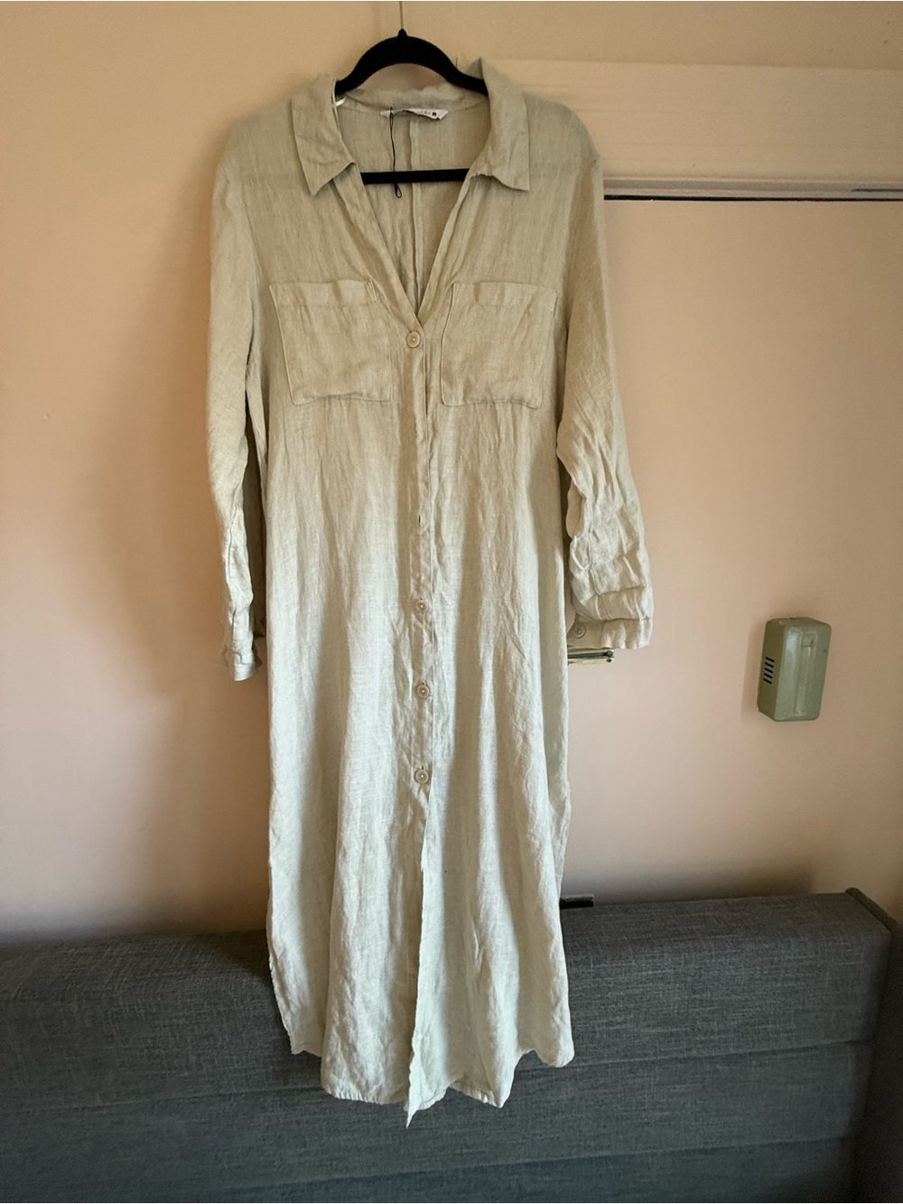 Light Green Button-Front Linen Shirt Dress
